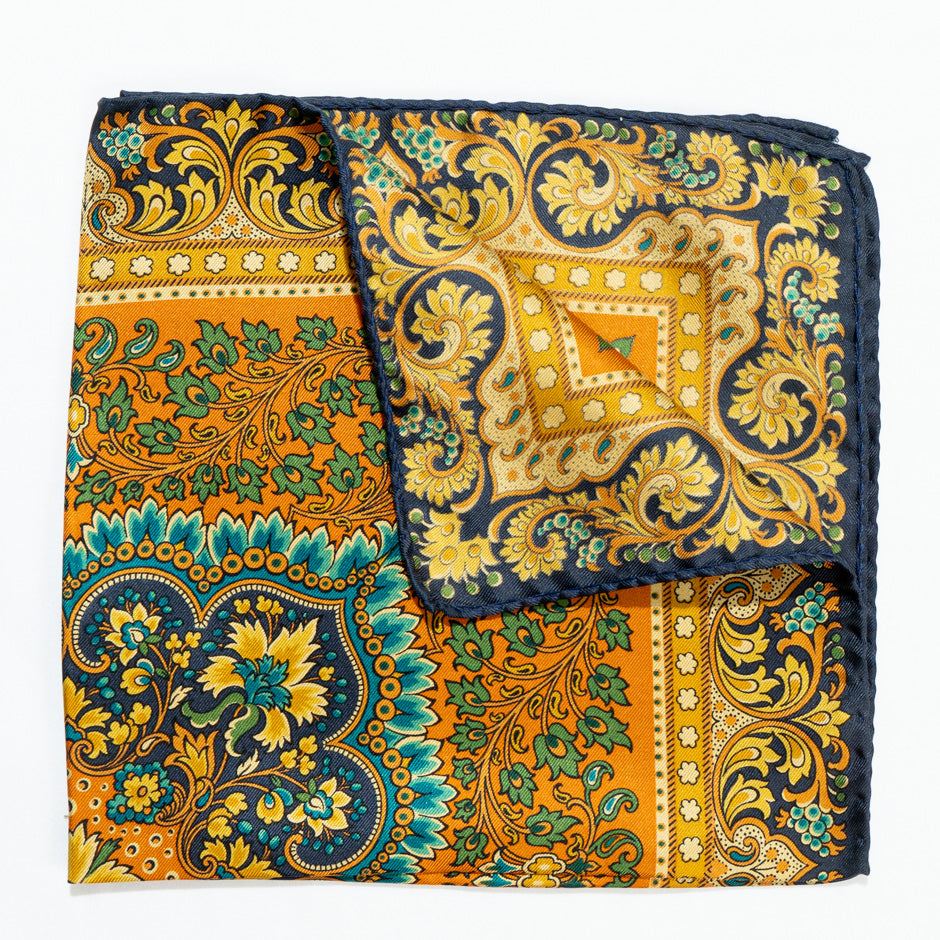 Blue, Orange & Yellow Patterned Silk Twill Pocket Handkerchief