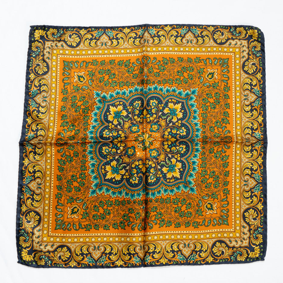 Blue, Orange & Yellow Patterned Silk Twill Pocket Handkerchief