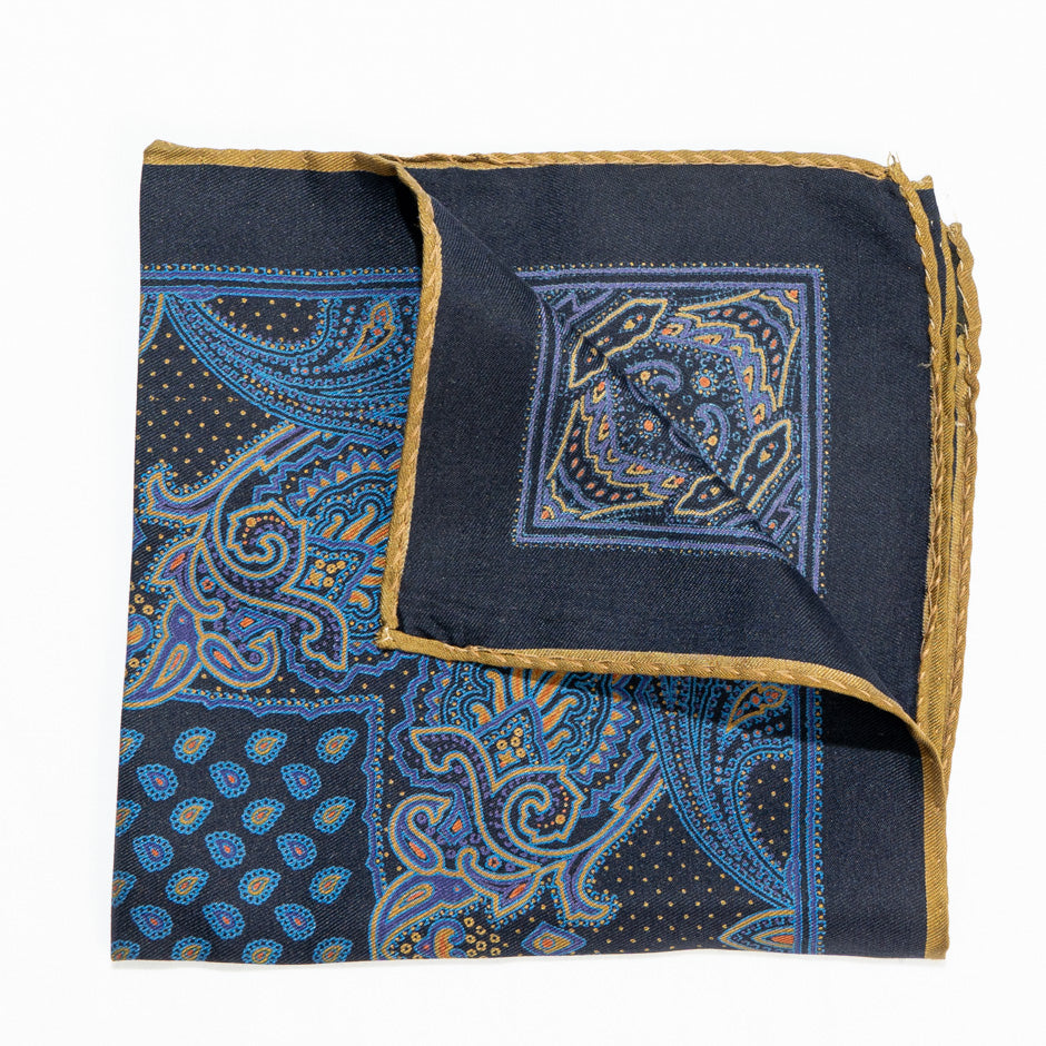 Paisley Printed Blue Silk Twill Pocket Handkerchief