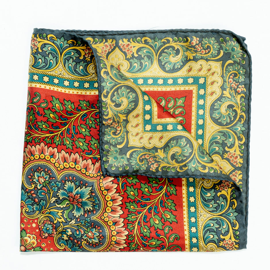 Green, Blue & Red Printed Silk Twill Pocket Handkerchief