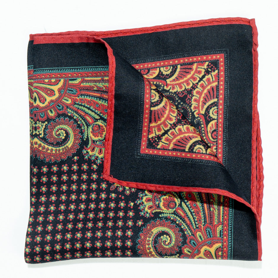 Red & Yellow Printed Midnight Blue Silk Twill Pocket Handkerchief