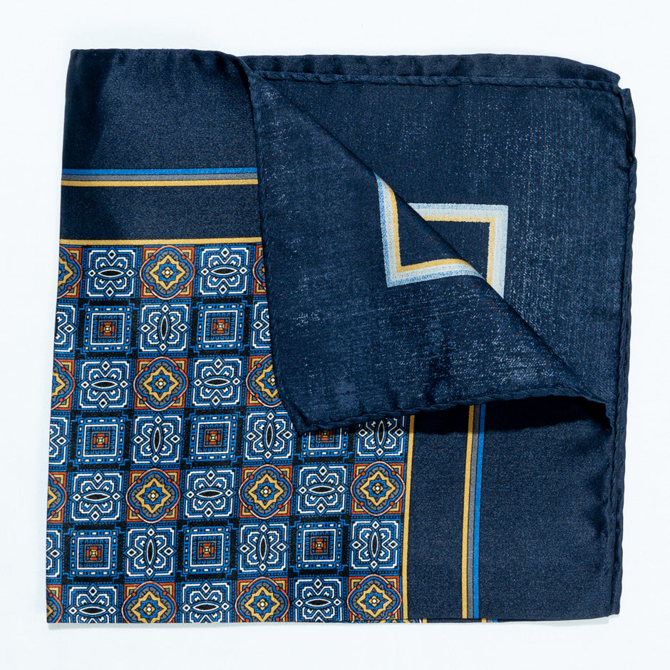 Dark Blue & Yellow Pure Silk Satin Pocket Handkerchief