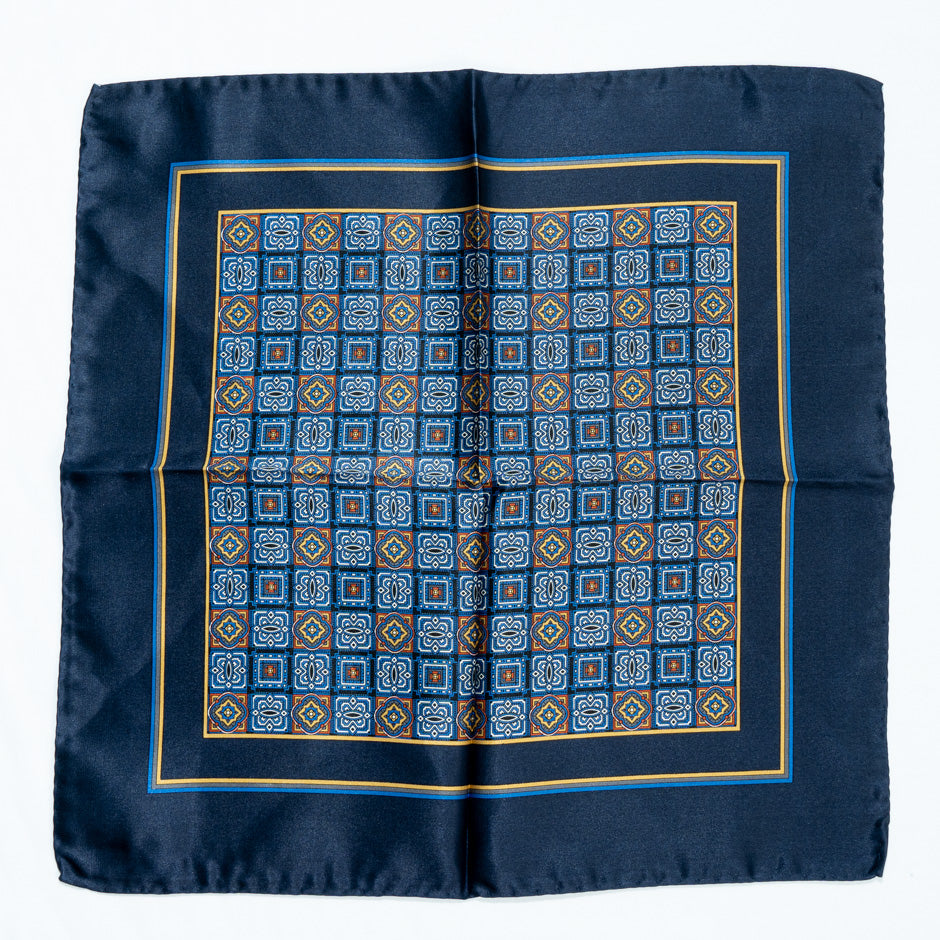 Dark Blue & Yellow Pure Silk Satin Pocket Handkerchief