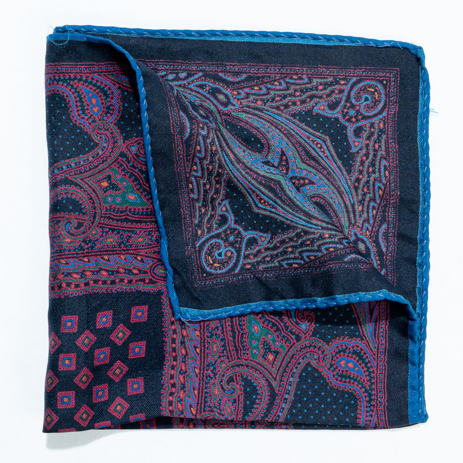 Multi Printed Blue Silk Twill Pocket Handkerchief