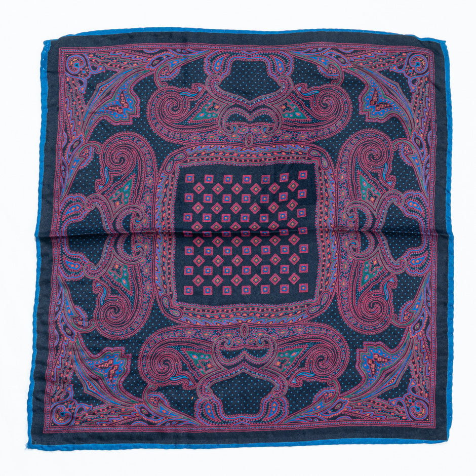 Multi Printed Blue Silk Twill Pocket Handkerchief