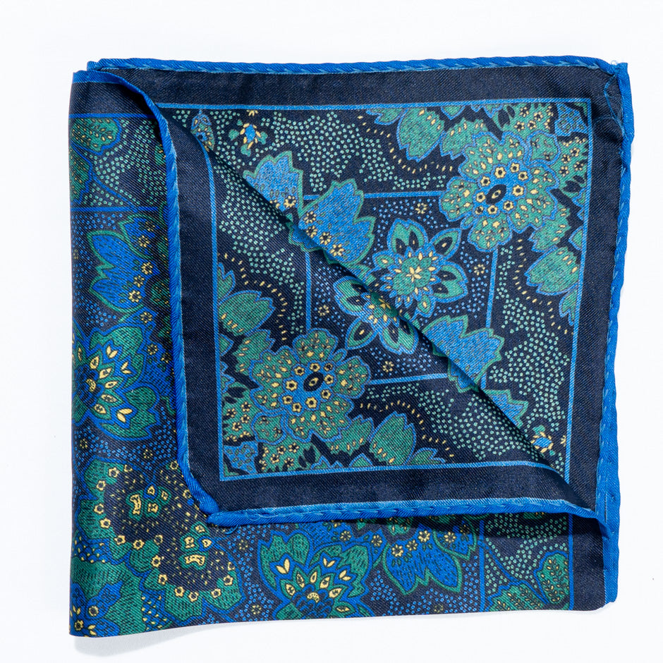 Royal Blue & Green Pure Silk Twill Pocket Handkerchief