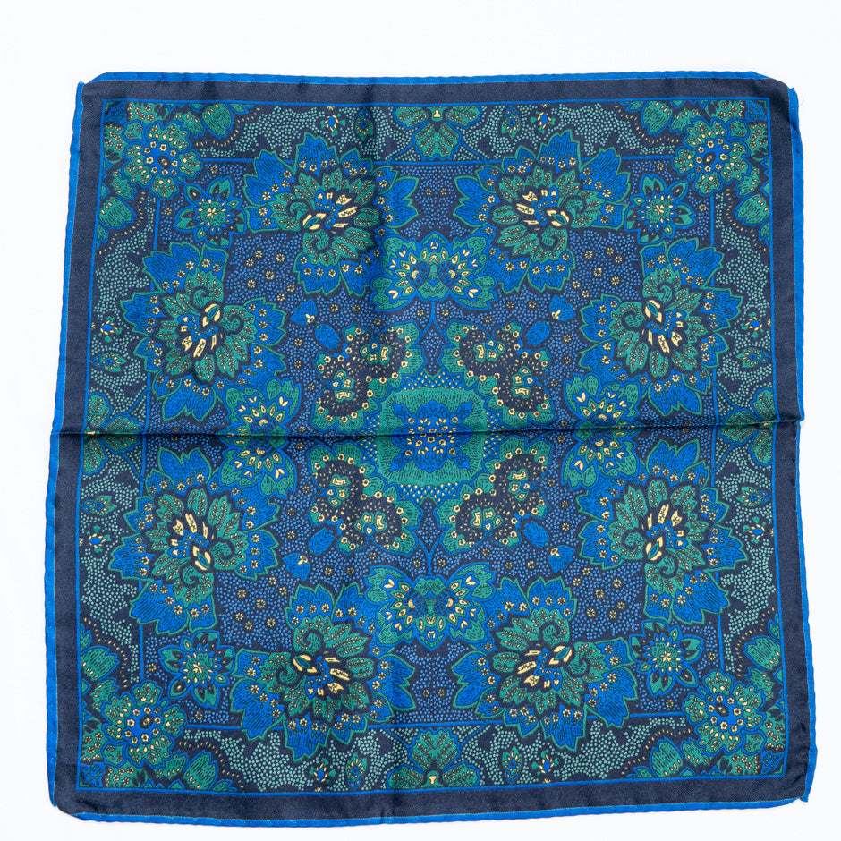 Royal Blue & Green Pure Silk Twill Pocket Handkerchief