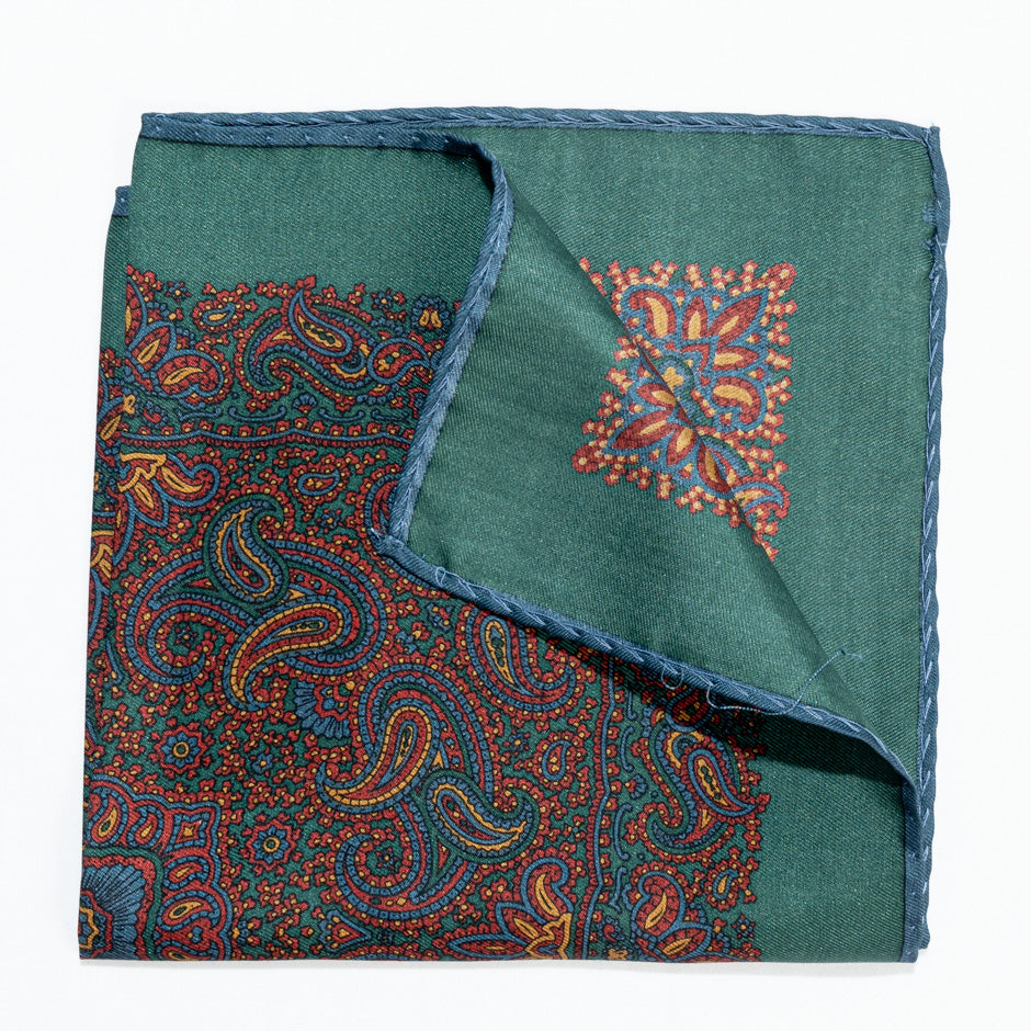 Multi Paisley Printed Green Silk Twill Pocket Handkerchief