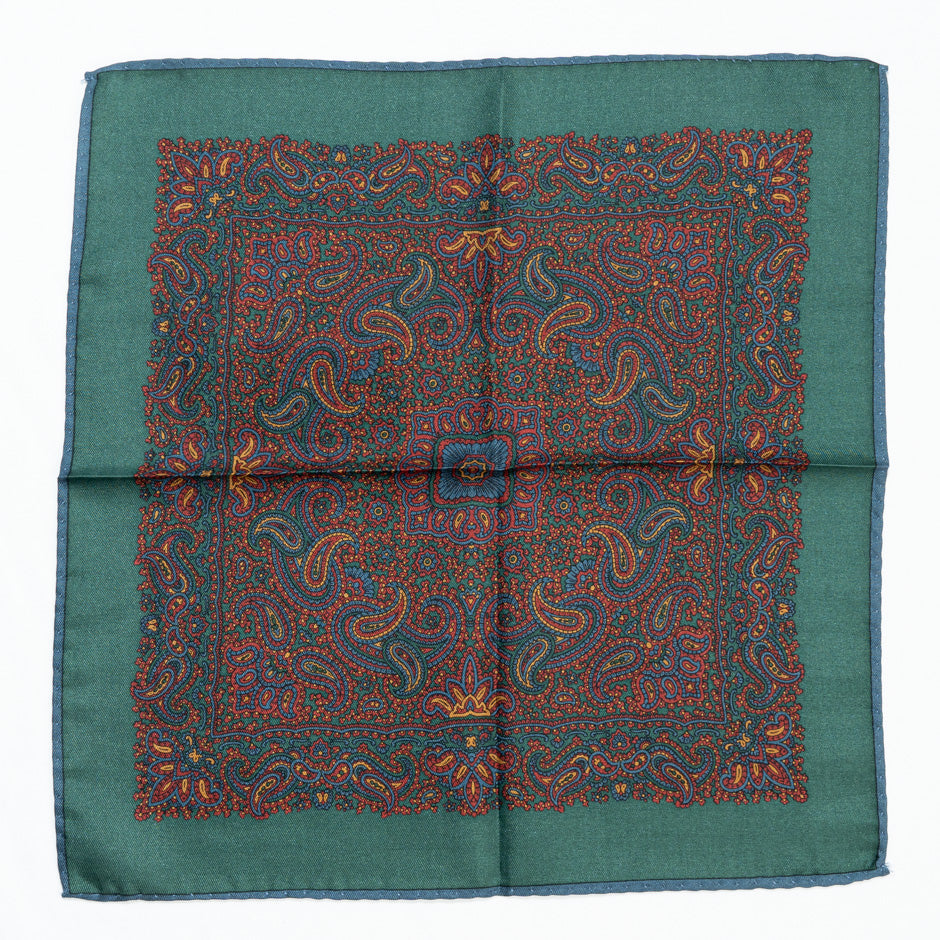 Multi Paisley Printed Green Silk Twill Pocket Handkerchief