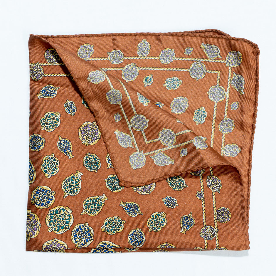 Rust Brown Printed Silk Twill Pocket Handkerchief