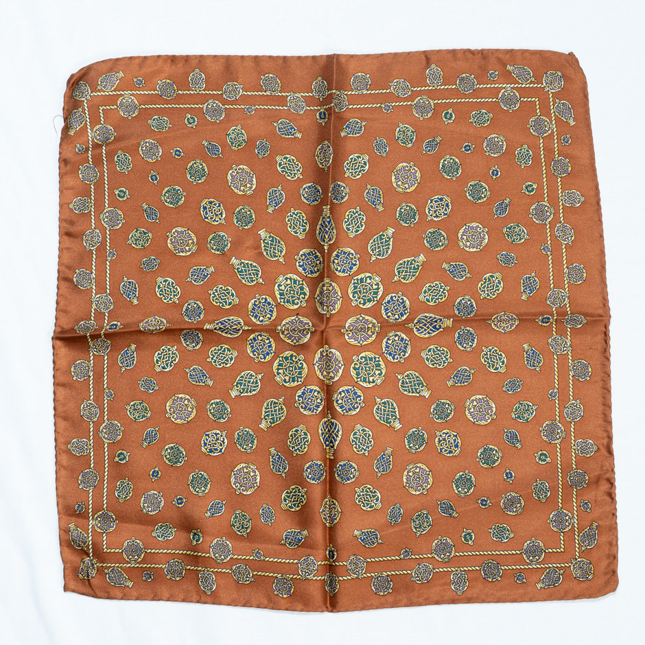 Rust Brown Printed Silk Twill Pocket Handkerchief