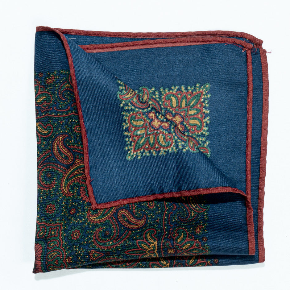 Multi Paisley Printed Blue Silk Twill Pocket Handkerchief