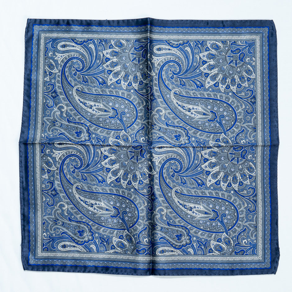 Blue & Grey Paisley Pure Silk Pocket Handkerchief