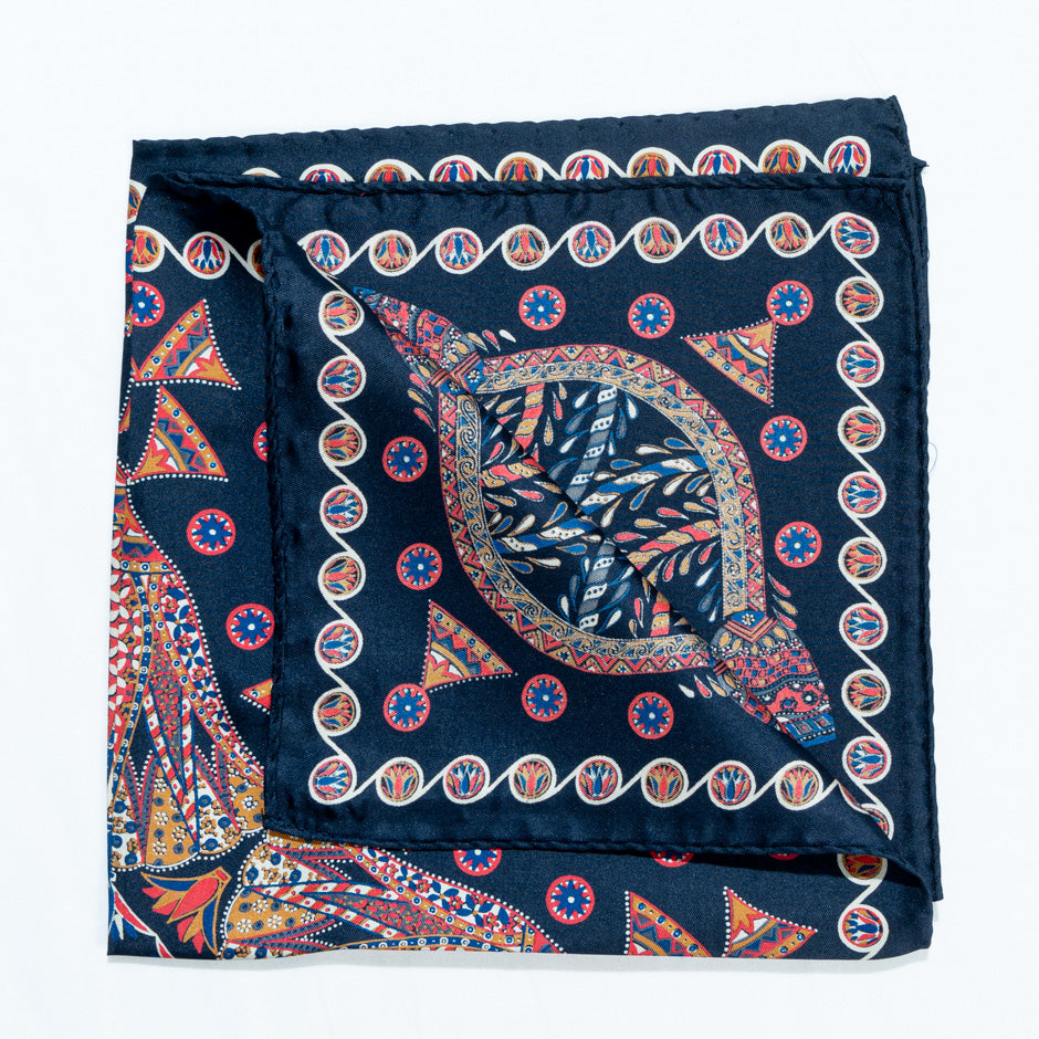 Patterned Midnight Blue Pure Silk Pocket Handkerchief