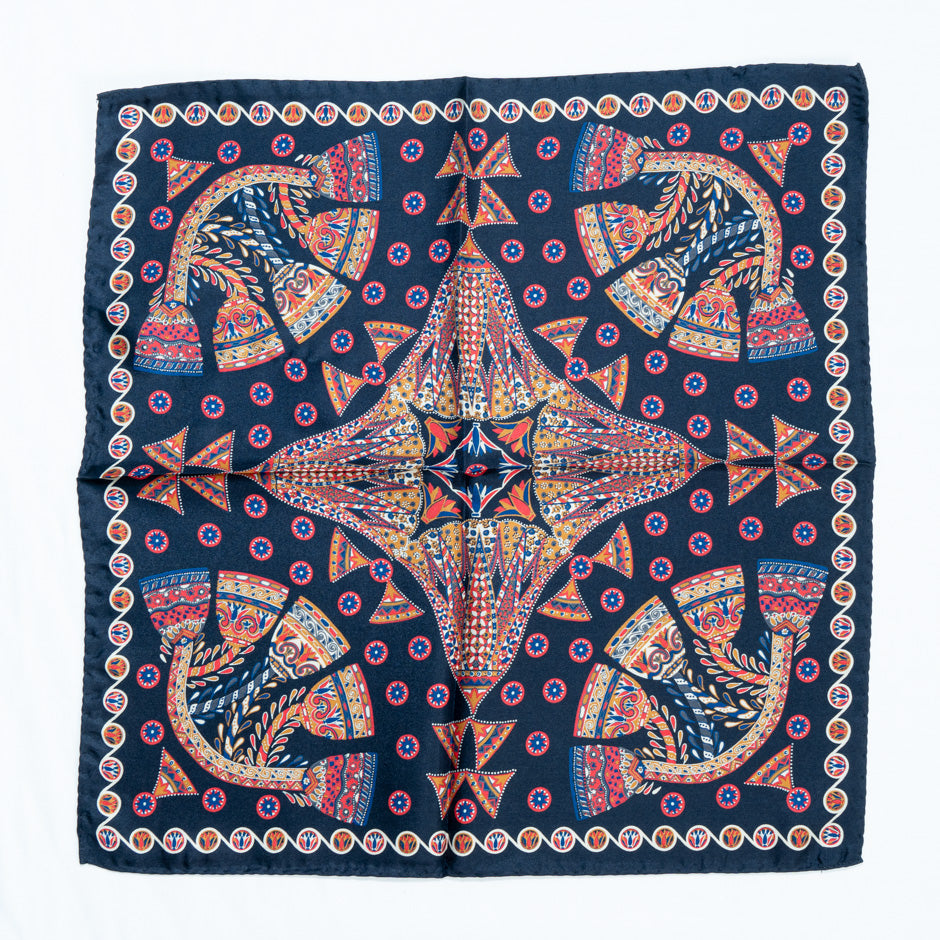 Patterned Midnight Blue Pure Silk Pocket Handkerchief