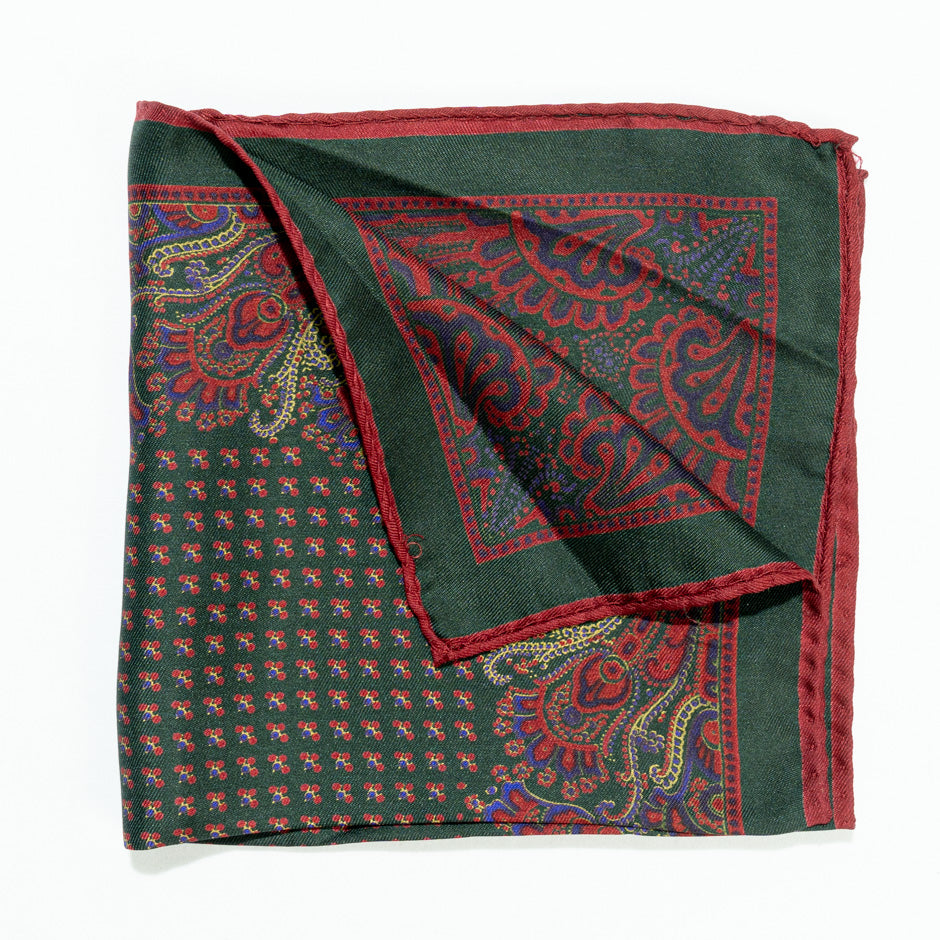 Red Paisley Printed Green Silk Twill Pocket Handkerchief