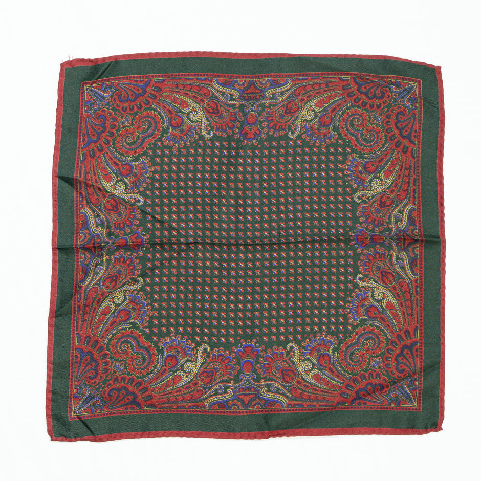 Red Paisley Printed Green Silk Twill Pocket Handkerchief