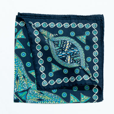 Green Patterned Blue Pure Silk Pocket Handkerchief