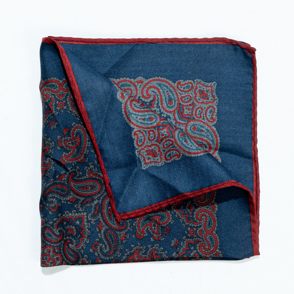 Red & Blue Paisley Printed Silk Twill Pocket Handkerchief