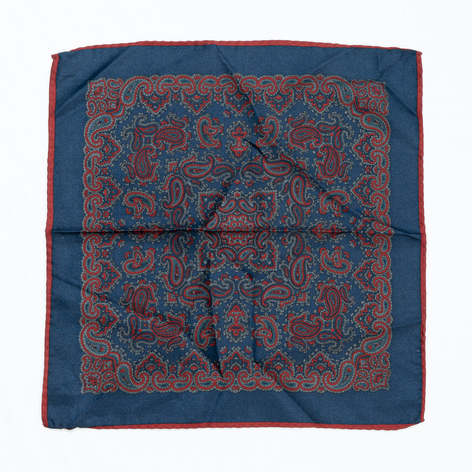 Red & Blue Paisley Printed Silk Twill Pocket Handkerchief