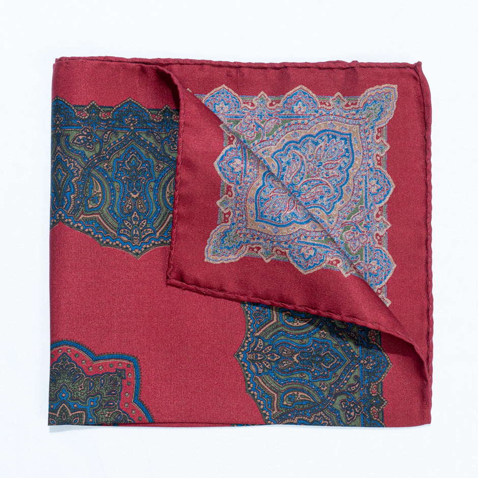 Blue, Green & Red Pure Silk Twill Pocket Handkerchief