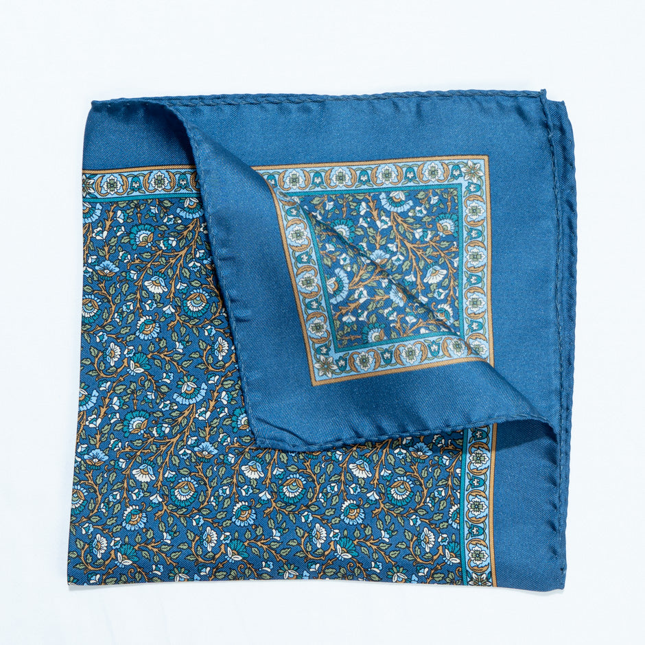 Blue & Orange Floral Pure Silk Twill Pocket Handkerchief