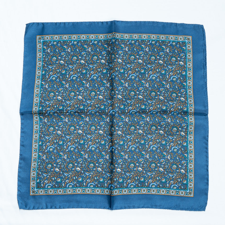 Blue & Orange Floral Pure Silk Twill Pocket Handkerchief