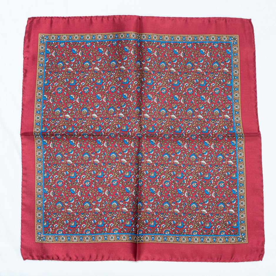 Beige & Blue Floral Red Pure Silk Twill Pocket Handkerchief