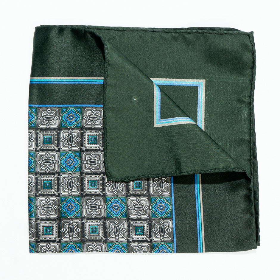 Bottle Green & Sky Blue Pure Silk Twill Pocket Handkerchief