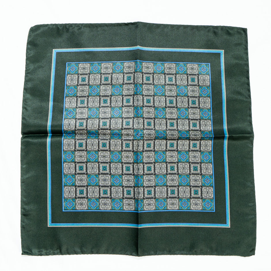 Bottle Green & Sky Blue Pure Silk Twill Pocket Handkerchief