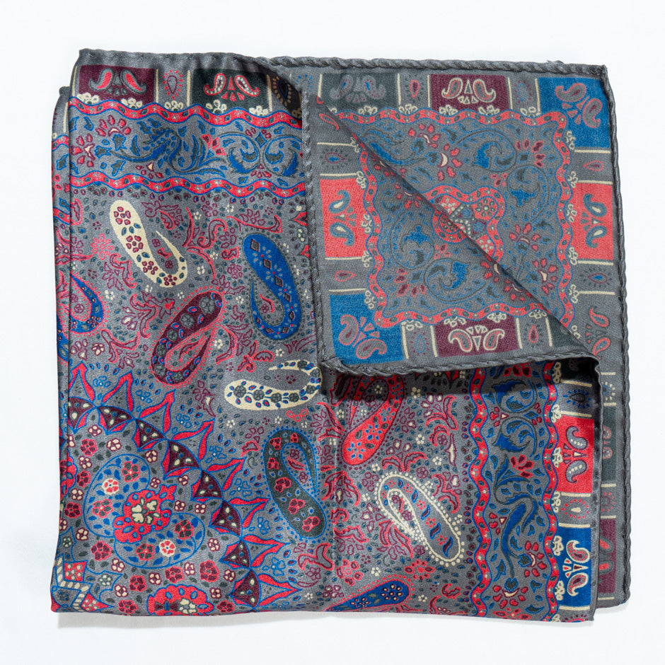 Red, Blue & Grey Pure Silk Satin Pocket Handkerchief