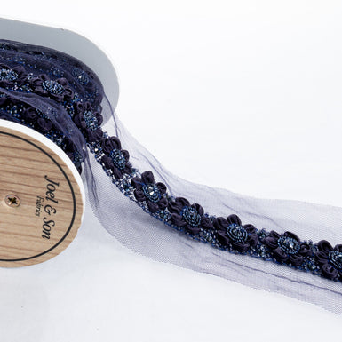 Navy Blue Floral Beaded Tulle Trim