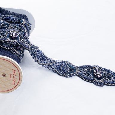 Dark Blue Diamanté & Beaded Floral Trim