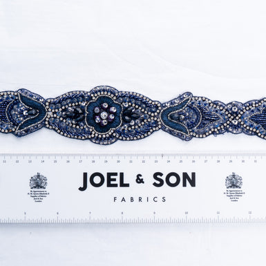 Dark Blue Diamanté & Beaded Floral Trim