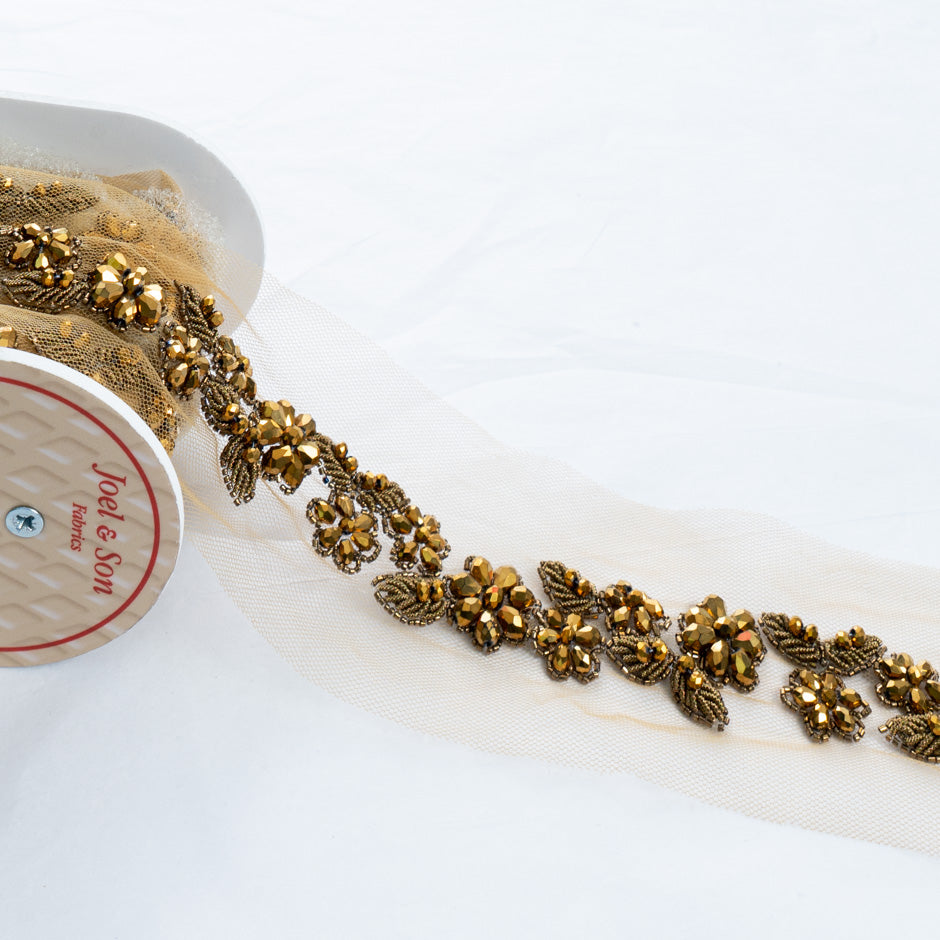 Dark Gold Floral Beaded Tulle Trim