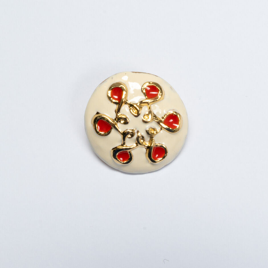 Round Ivory & Red Patterned Button