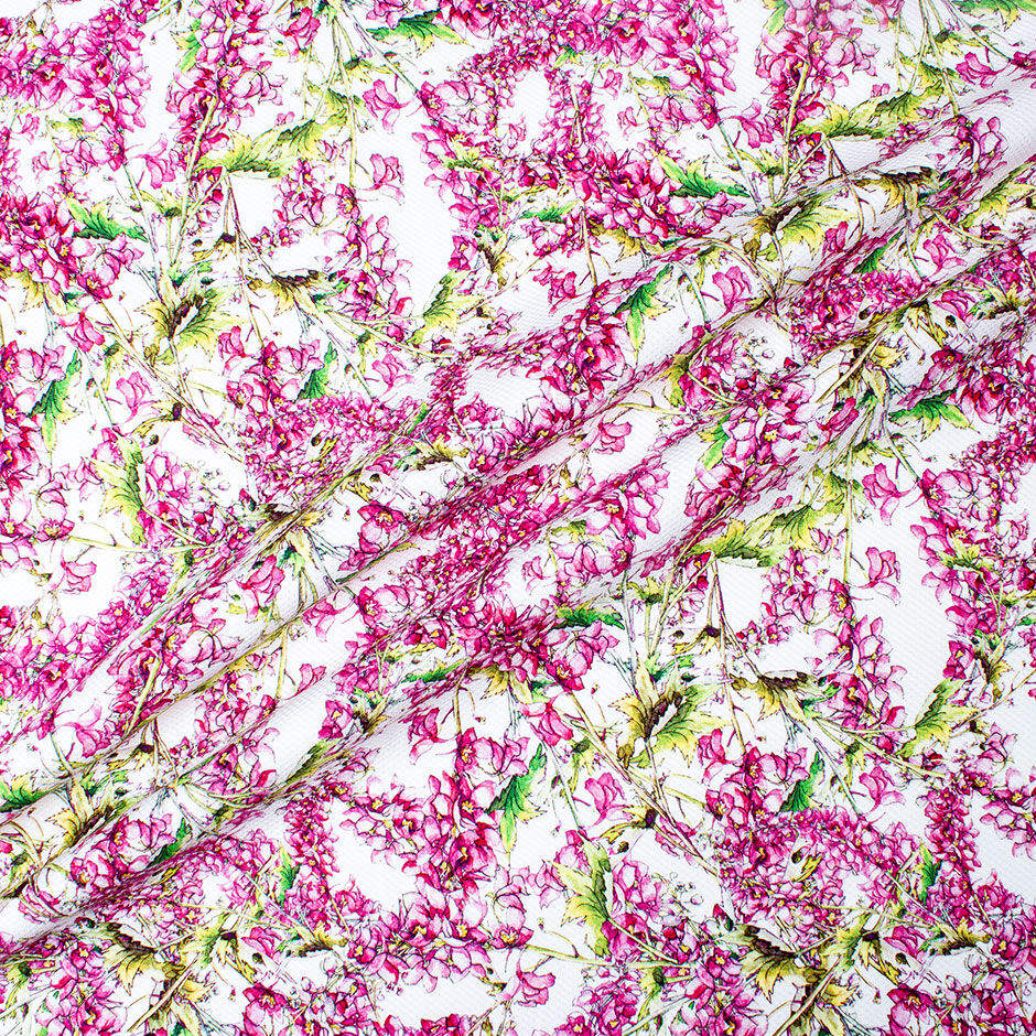 Fuchsia Pink Floral Printed White Cotton Piqué