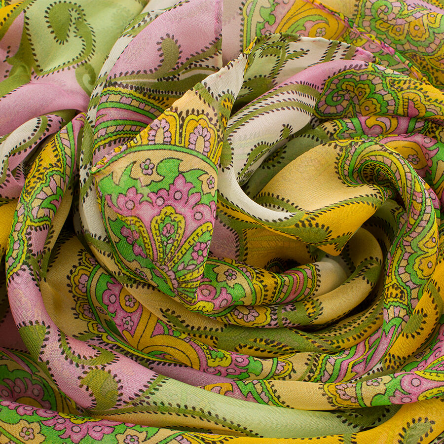 Pink & Green Paisley Printed Silk Scarf