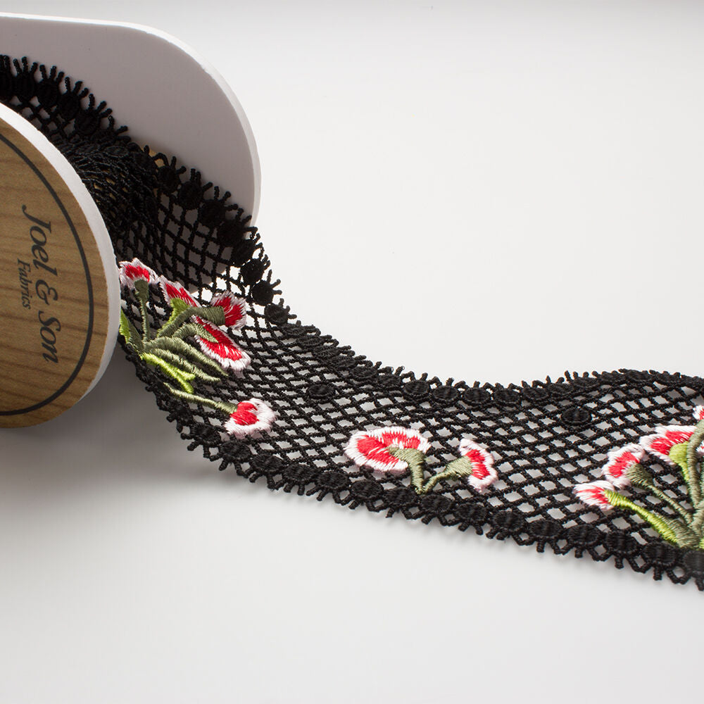 Red/White Floral/Black Guipure Trim