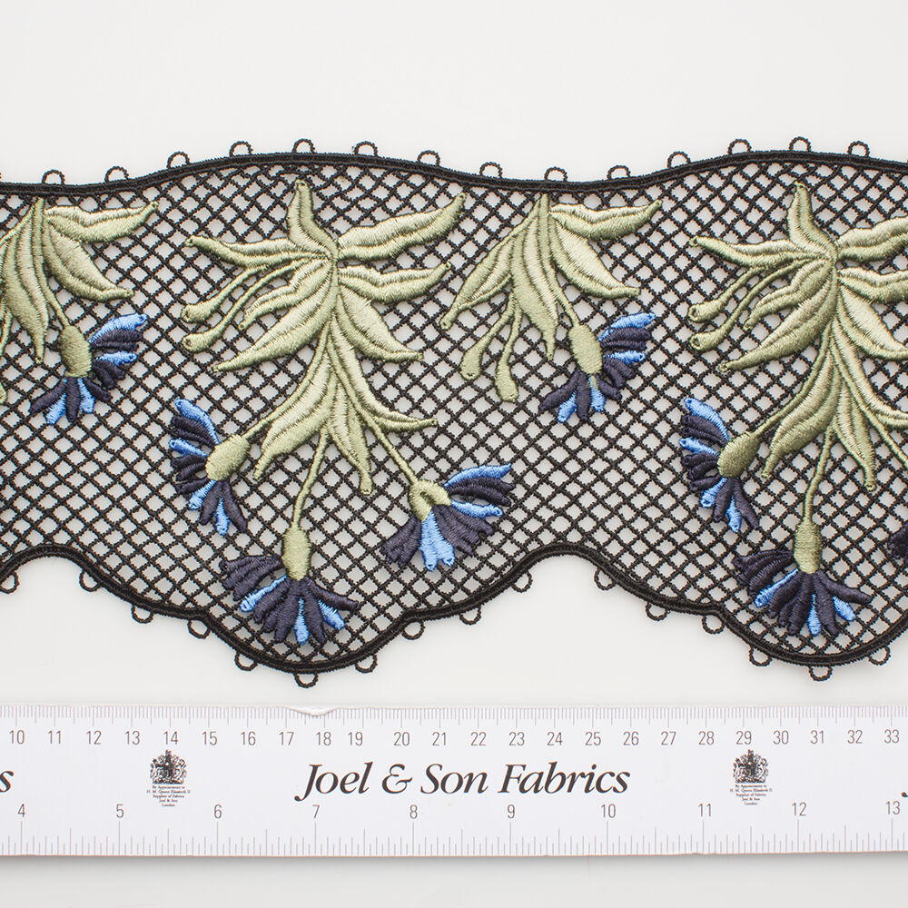 Blue Floral Black Guipure Wide Trim