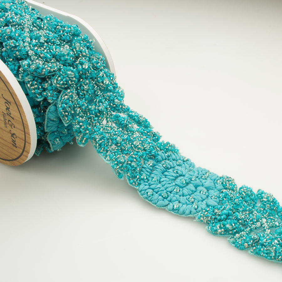 Turquoise 'Flower & Leaves' Beaded Trim