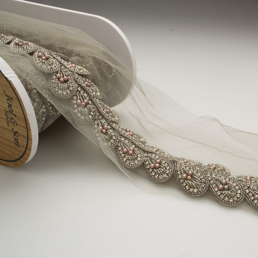 Grey 'Petal' Diamanté & Beaded Trim