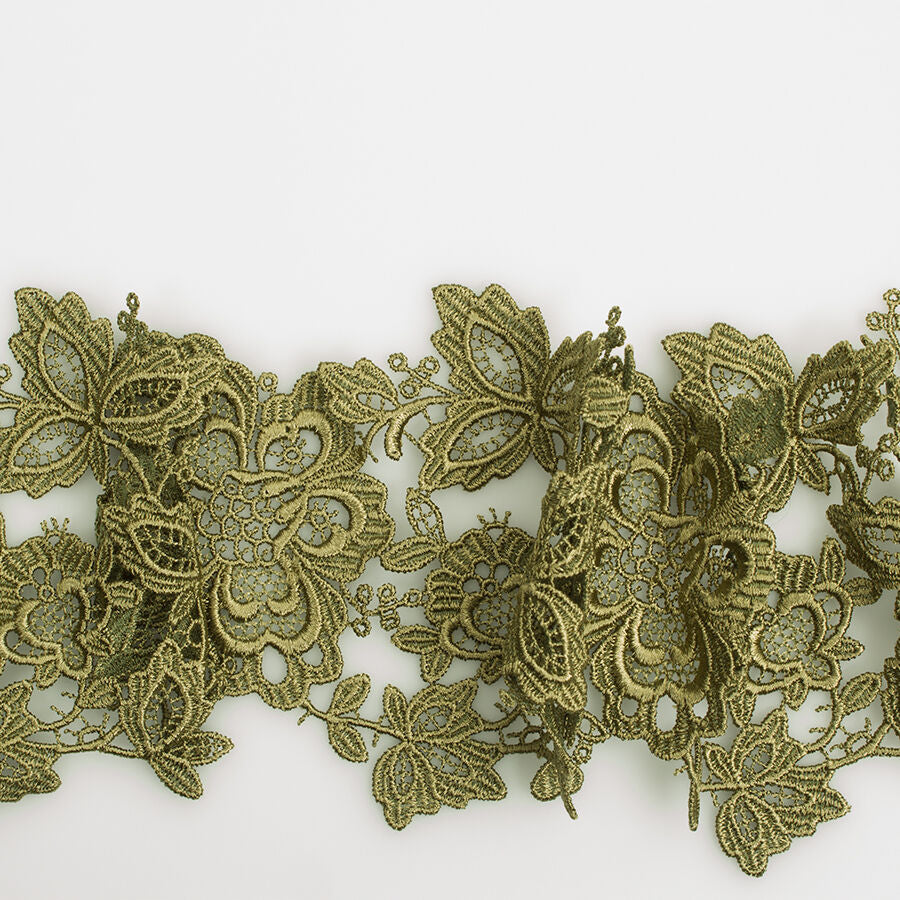 Khaki Green Floral Guipure Trim