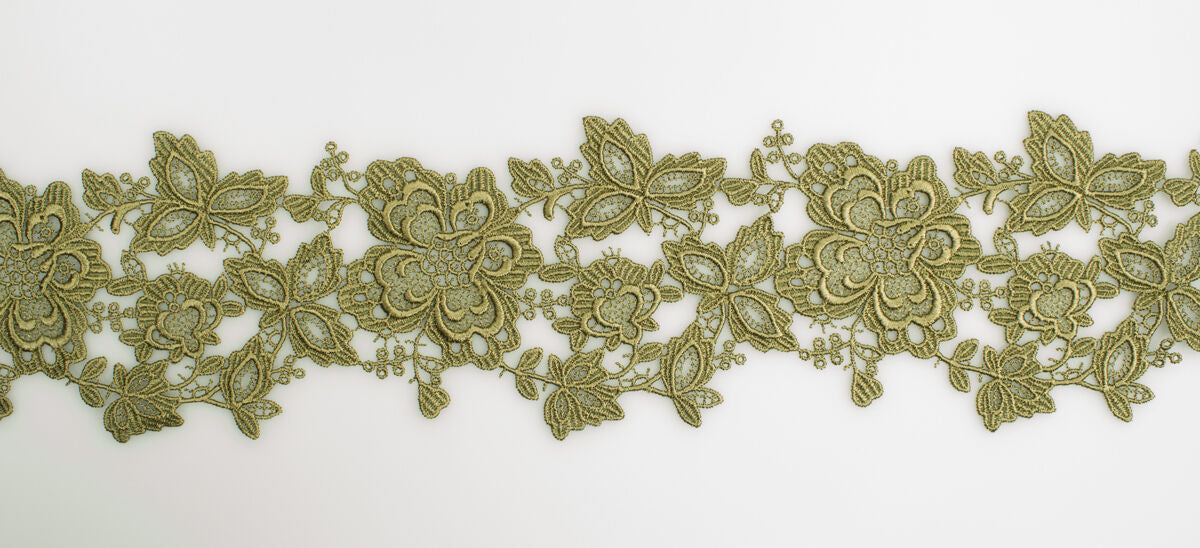 Khaki Green Floral Guipure Trim