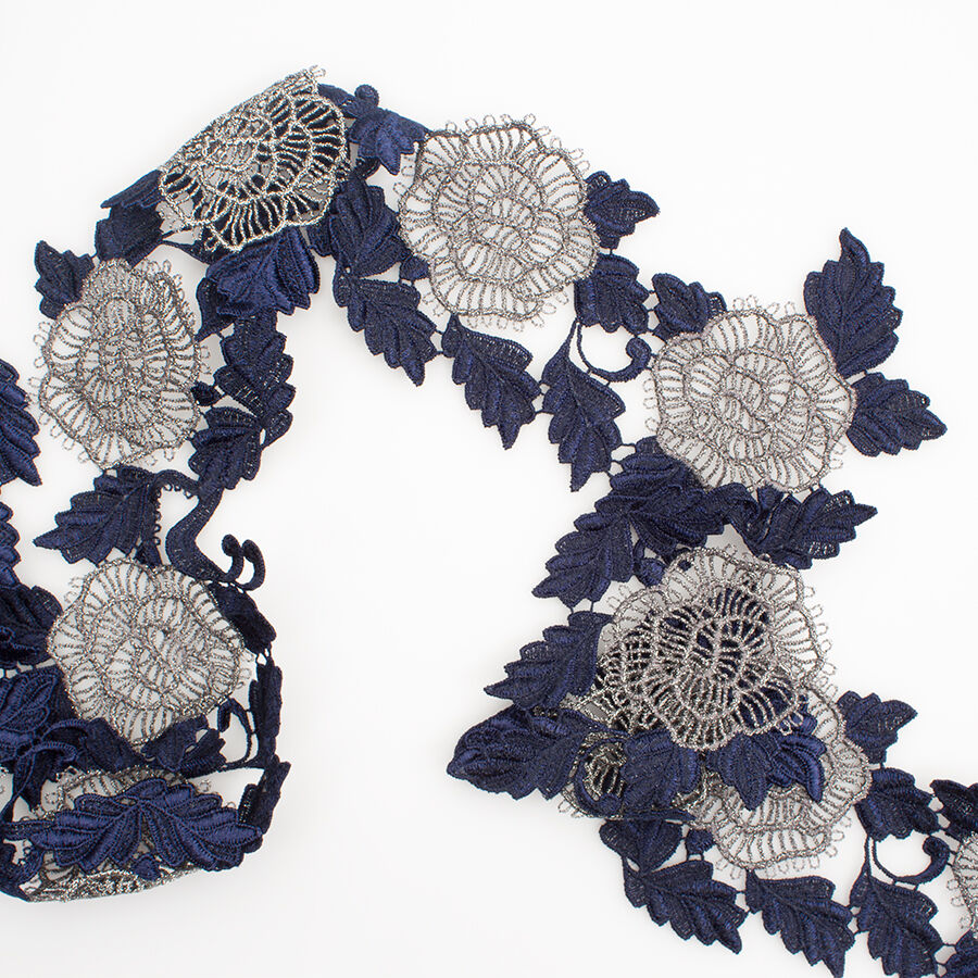 Midnight Blue Floral Metallic Guipure Trim