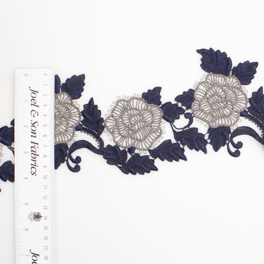 Midnight Blue Floral Metallic Guipure Trim