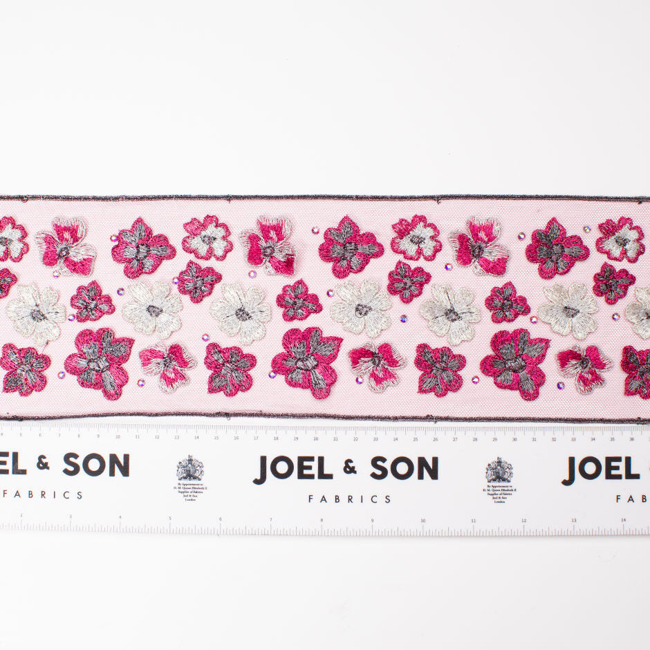 Deep Pink & Silver 3D Floral & Swarovski Stone Trim