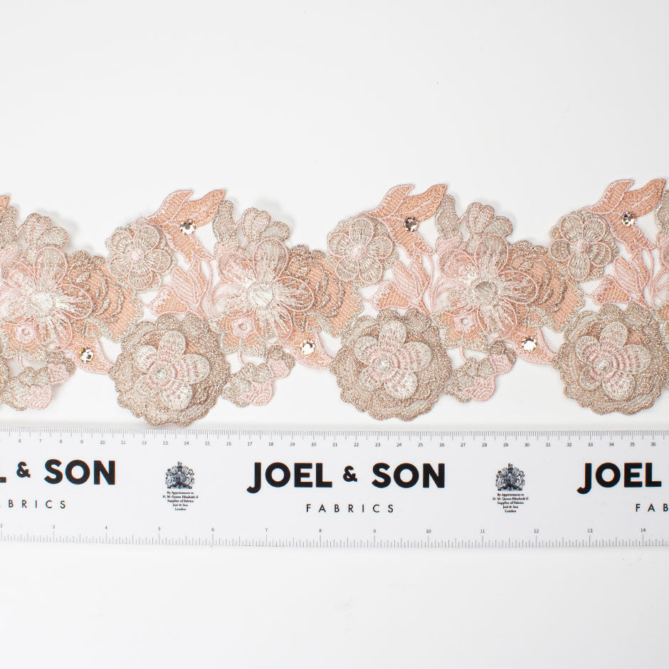 Blush Pink Metallic Swarovski Stone Floral Tulle Trim