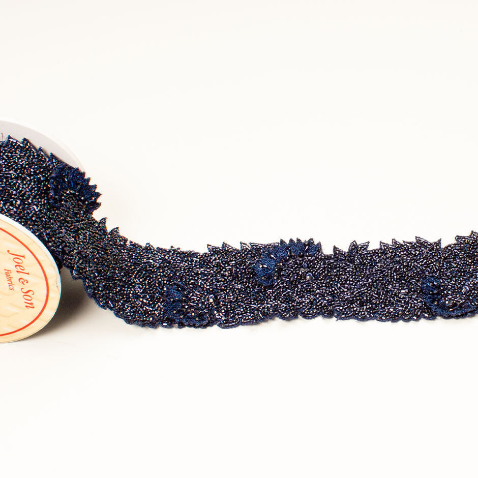 Dark Navy Blue Allover Hand Beaded Trim